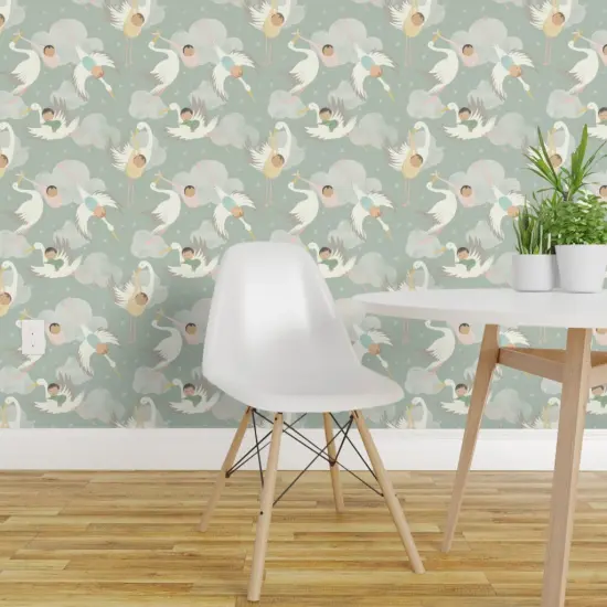 Pre-Pasted Wallpaper 2FT Wide Stork And Baby Sage Green Baby Nursery Pastel Whimsical Cute Toddler Kid Custom Pre-pasted Wallpaper by Spoonflower {1}