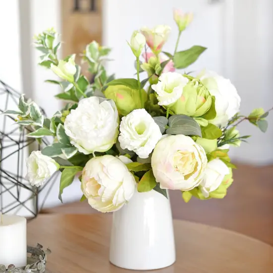 Mixed Cream Beige and Moss Green Vintage Artificial Silk Flower Peonies 2 Bouquets Floral {2}