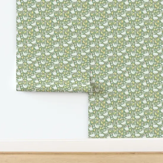 Pre-Pasted Wallpaper 2FT Wide Cottage Duck Cottage Floral Whimsical Duckling Fun Cute Happy Cheerful Bright Pastel Dark Sage Green Blush Pink White Boho Baby Custom Pre-pasted Wallpaper by Spoonflower 18008281 {2}