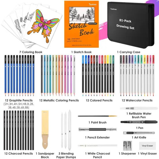 81 Pack Art Supplies for Adults Kids, Pro Art Kit Drawing Pencils Set, Drawing Supplies Sketch Book, Sketching Pencils Kits, Graphite Pencils, Charcoal Pencils, Watercolor Metallic Sketch Art Pencils {5}