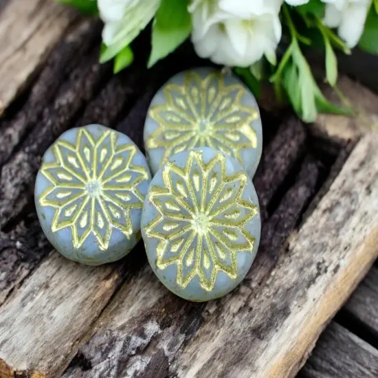 *6* 18mm Gold Washed Matte Aqua Opaline Star Flower Coin Beads {2}