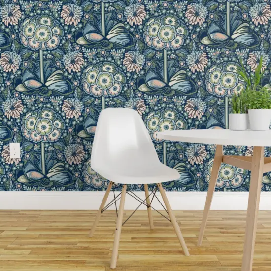 Pre-Pasted Wallpaper 2FT Wide Retro Bold Floral Maximalist Botanical Blue Green Flowers Nature Garden Blossom Modern Custom Pre-pasted Wallpaper by Spoonflower {1}