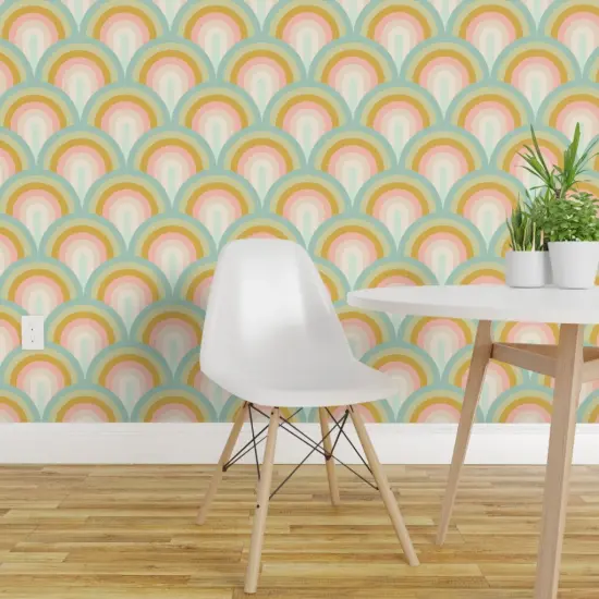 Pre-Pasted Wallpaper 2FT Wide Boho Rainbow Scallop Minimalist Modern Geometric Art Deco Warm Pastel Soft Gold Blush Pink Aqua Mint Custom Pre-pasted Wallpaper by Spoonflower {1}