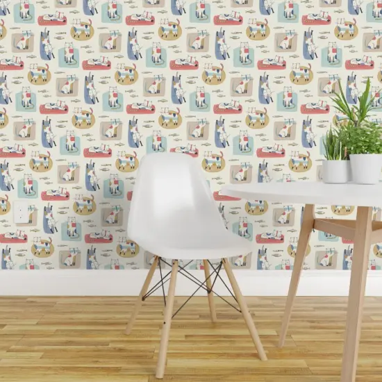 Peel & Stick Wallpaper 2FT Wide Whimsical Mod Cats Retro Color Block Fun Cute Happy Cheerful Bright Pastel Beige Custom Removable Wallpaper by Spoonflower {1}
