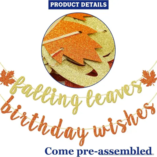 Falling Leaves Birthday Wishes Banner, Glitter Maple Leaves Birthday Banner {4}