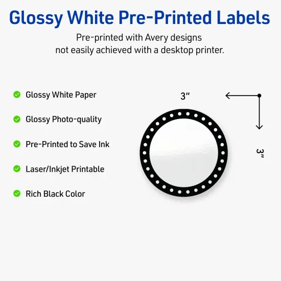Avery Printable Round Labels, Black and White Polka Dots, 3" Diameter, Glossy White Round Labels, Permanent, Laser/Inkjet, 60ct, Great for Product Labels {2}