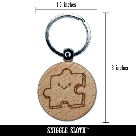 Happy Cartoon Puzzle Piece Engraved Wood Round Keychain Tag Charm {2}