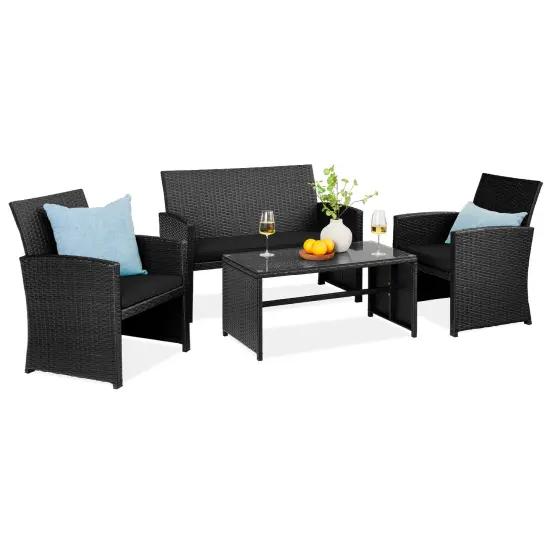Best Choice Products 4-Piece Outdoor Wicker Patio Conversation Furniture Set w/ Table, Cushions Black/Black {1}