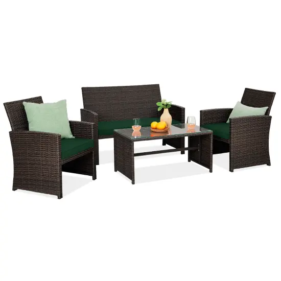 Best Choice Products 4-Piece Outdoor Wicker Patio Conversation Furniture Set w/ Table, Cushions Brown/Midnight Green {1}