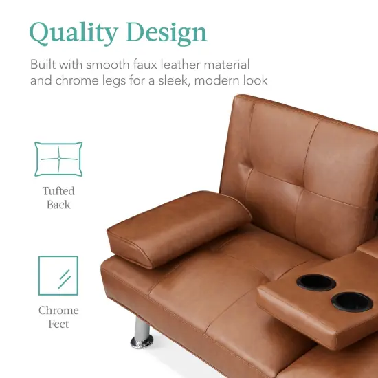 Best Choice Products Modern Faux Leather Convertible Futon Sofa w/ Removable Armrests, 2 Cupholders Tan {5}