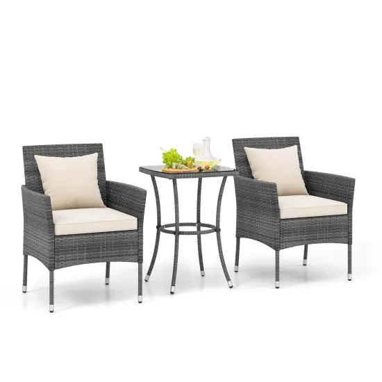 Costway 3 PCS Patio Furniture Set with Cushioned Patio Chairs & Tempered Glass Coffee Table Grey/Navy/White/Black {9}