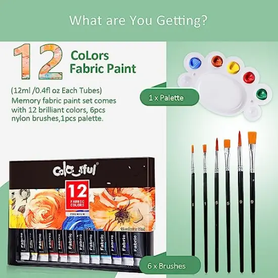 Fabric Paint Set for Clothes - 12 Colors with 6 Brushes and 1 Palette, Permanent Textile Paint Kit for Shoes and Canvas, Non-Toxic Slick Painting Set for Adults, Beginners, and Artists {1}