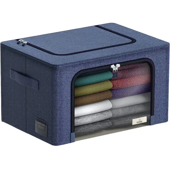 Sorbus 1 Pack Storage Bin with Metal Frame, Stackable Clothes Organizer Bag with Window & Handles, Organization for Bedding Linen & Clothing Blue {1}