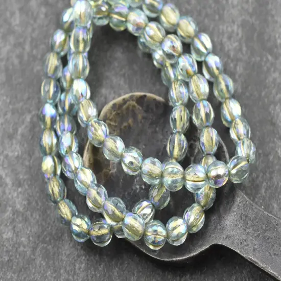 *25* 6mm Gold Washed Blue Aqua ABFaceted Round Melon Beads {2}