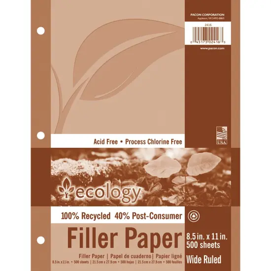Recycled Filler Paper, White, 3-Hole Punched, 3/8" Ruled w/ Margin 8-1/2" x 11", 500 Sheets {1}