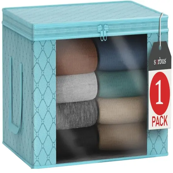 Sorbus Medium Clothes Storage Bag 1 Pack, Blanket Organizater Bin with Window, Lids, and Handles Teal {6}