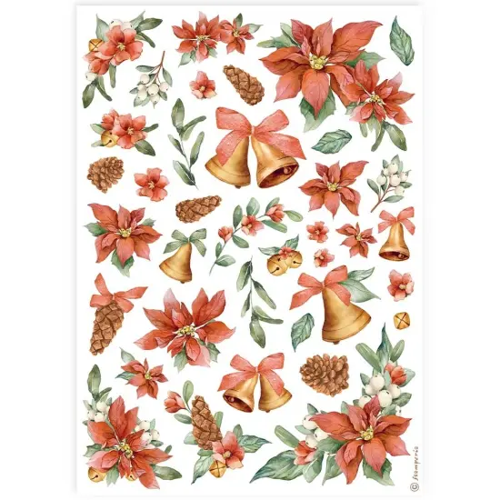 Stamperia Rice Paper Sheet A4-Classic Christmas Poinsettia And Bells {1}