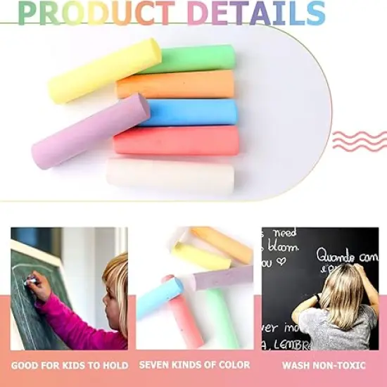 Washable Sidewalk Chalk Set- 52 Pieces 7 Colors Jumbo Chalk For Kid and Adult, Paint on Classroom Chalkboard or Outdoor Playground, Good Gift for Party {3}