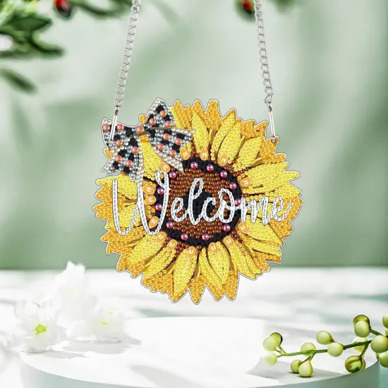 Diamond Art Painting Hanging Pendant DIY Welcome sunflower 5D Special Shape Crystal Diamond Art Partial Mosaic Making Craft Wreath Ornaments, Home wall decor window decoration Handmade Christmas Gift {1}