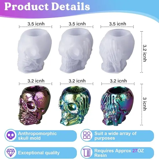 LET'S RESIN Skull Resin Molds, Hear-no, Speak-no, See-no 3 Pcs Skull Silicone Molds for Resin Crafts, Cute Epoxy Resin Molds Silicone for Resin Casting, DIY Craft, Home Decor {2}