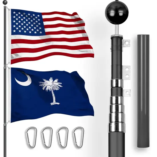 G128 Combo Pack: 25 Ft Telescoping Aluminum Flagpole (Black) & American and South Carolina Flags 3x5 Ft, Both StormFlyer Series Embroidered 220GSM Spun Polyester | Pole with Flags Included {1}