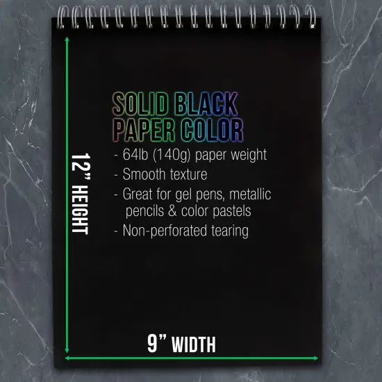 9x12" Premium Heavy-Weight Black Paper Sketchbook, 64lb (140gsm), 2 Pack, 30 Sheets, Spiral Bound, Black Paper Notebook for Colored Pencil, Markers, Oil Pastels, Chalk, Charcoal {3}