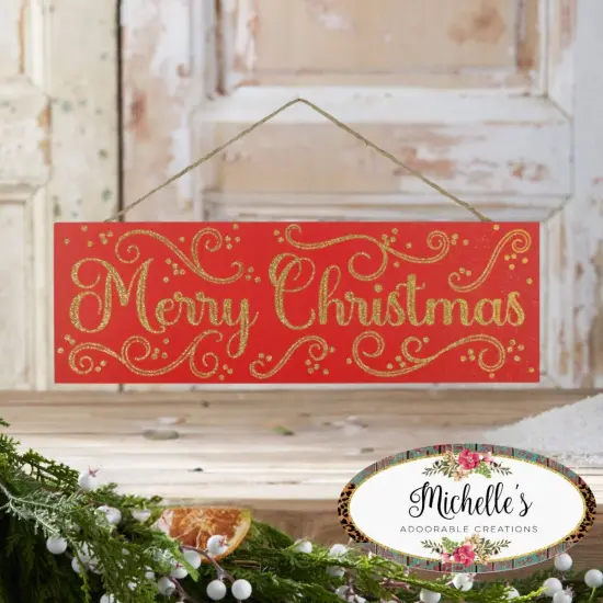 15" Wooden Sign: Merry Christmas Red/Gold {3}
