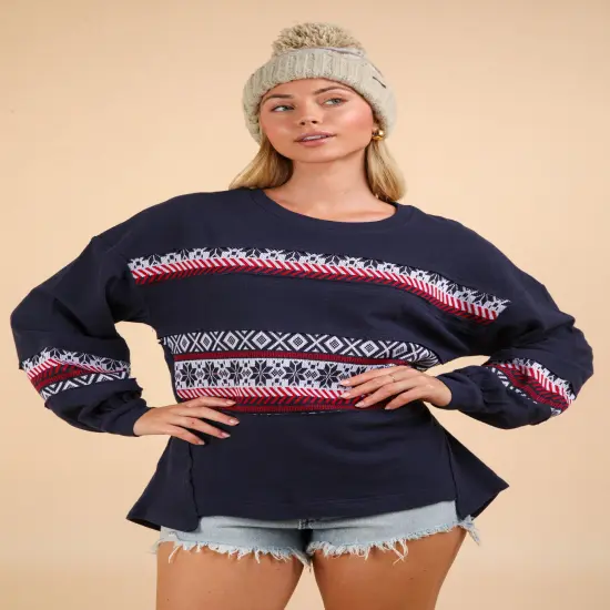 Plus Size Oversized Printed Knit Contrast Knit Top NAVY {1}