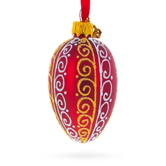 Red with Gold and White Swirl Design Mini Glass Egg Ornament 2.9 Inches {4}