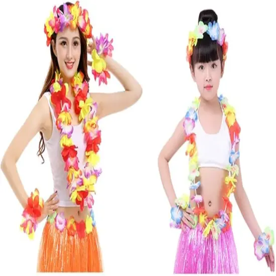 Hawaiian Hula Leis sets Artificial Flowers Fabric Wreath Neck Loop Wristband Headband Dance Garland Leis Sets for Luau Party Costumes (6 sets;24 Pack) {5}