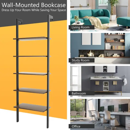 Steel Ladder Bookshelf, 5-Tier Wall-Mount Shelf Organizer for Home Dark Brown {6}