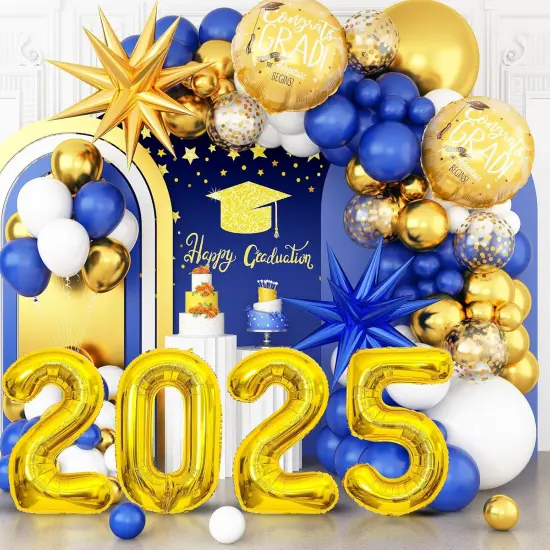 Graduation Balloons Garland Arch Kit, Graduation Balloons Class of 2025, Navy Blue and Gold White Latex Balloons with Graduation Class Foil Balloons for 2025 Graduation Party Decor {1}