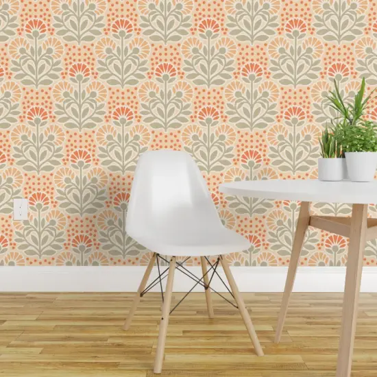 Peel & Stick Wallpaper 2FT Wide Orange Flowers Retro Hand Drawn Cottagecore Stamped Bohemian Folk Art Custom Removable Wallpaper by Spoonflower {1}