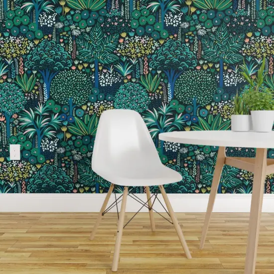 Peel & Stick Wallpaper 2FT Wide Bohemian Tropical Botanical Emerald Jade Whimsical Jungle Custom Removable Wallpaper by Spoonflower {1}