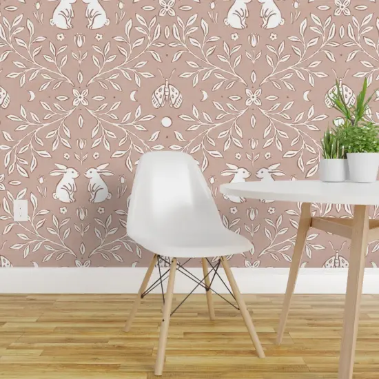 Pre-Pasted Wallpaper 2FT Wide Cottagecore Whimsical Leaves Botanical Bunnies Rabbits Woodland Animals Floral Rustic Farmhouse Baby Nursery Pink Blush Faux Texture Hand Drawn Custom Pre-pasted Wallpaper by Spoonflower {1}