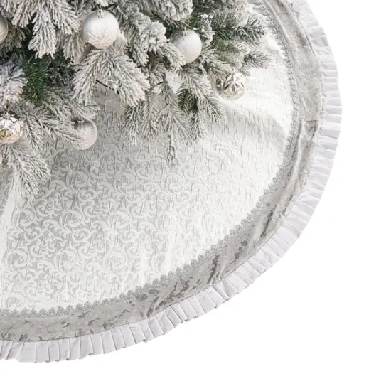Silver and White Christmas Tree Skirt, 48-Inch Elegant Velvet & Brocade Holiday Tree Base Cover with Pleated Trim {5}