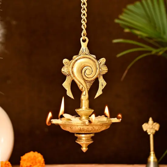 Brass Annam, Shank Wall Hanging Idol Oil Lamp Diya with Chain Hanging Oil Wick Diya Puja Gifting Entrance Home Decor Idol Kathu Vilakku Diyas for Pooja Temple Diwali Decor Idol Statue {3}