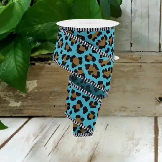 2.5" Leopard Print Thin Stripe Ribbon: Light Teal (10 Yards) {3}