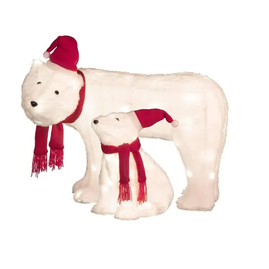 Haute Decor Mama and Baby Polar Bear (Set of 2) Easy Setup Outdoor Lighted Christmas Yard Decor with 50 Warm White LED Lights and Classic Red and White Hat and Scarf {1}