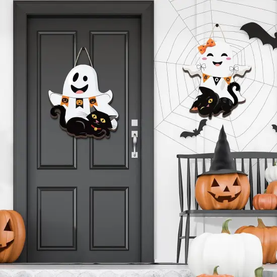 2 Pcs Halloween Ghost Witch Door Sign Boo Decor - Ghost {2}