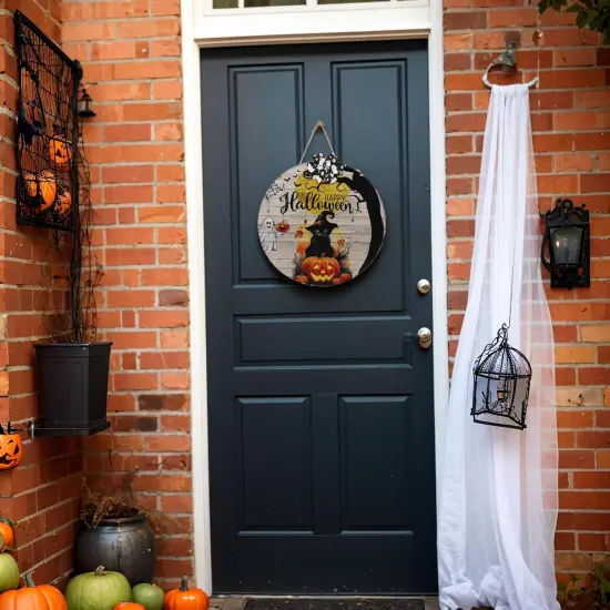 Happy Halloween Black Cat Front Door Sign {4}