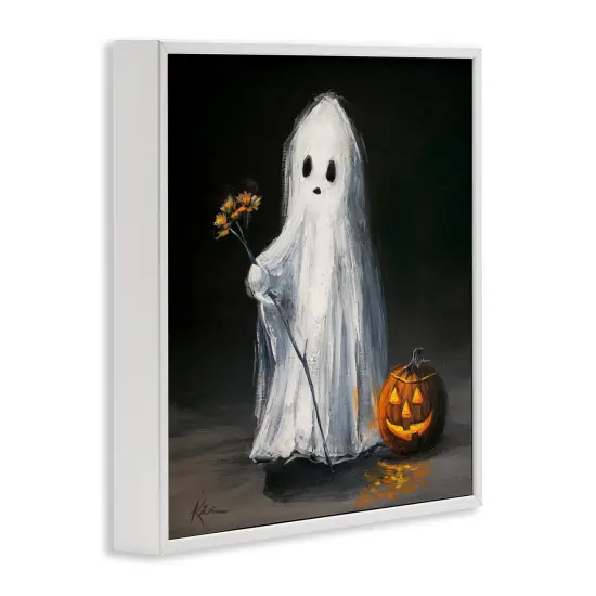 Vintage Halloween Ghost & Pumpkin Framed Giclee Art White {3}