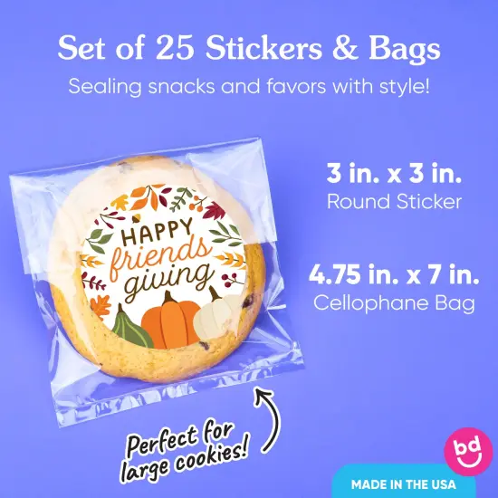 Big Dot of Happiness Fall Friends Thanksgiving Stickers and Clear Cookie Bags, Cellophane Treat Bags 4.25x7 Inches, Party Favor Gifts - 25 Count {5}