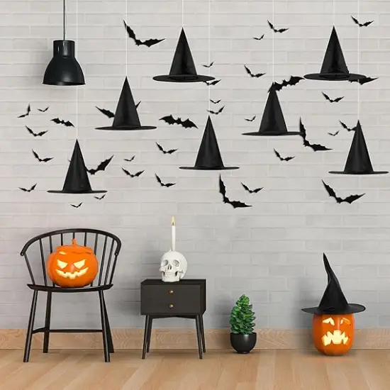 12 Halloween Black Witch Hats and 32 Bat Stickers {5}