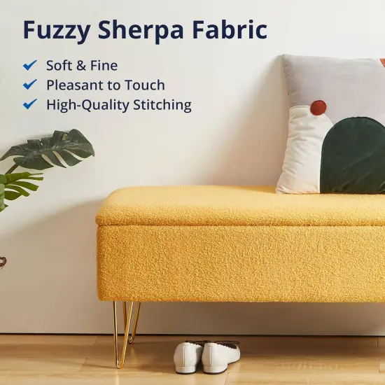 Fabric End of Bed Storage Bench with Gold Hairpin Legs and Cushioned Seat Yellow {3}