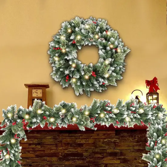 9ft Christmas Garland with Lights,Lighted Artificial Flowering Pine Garland {5}