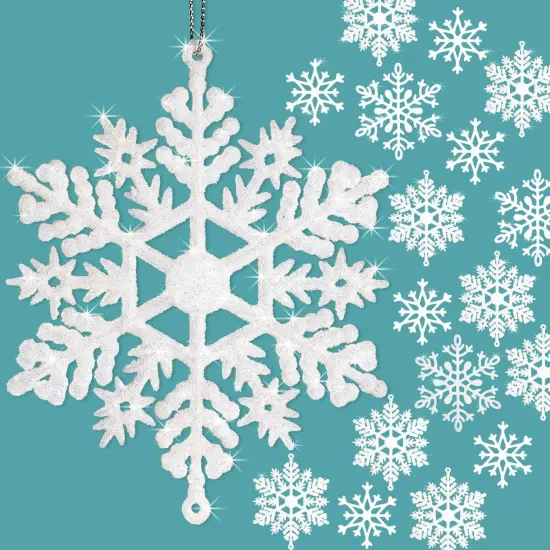 40Pcs White Glitter Snowflake Ornaments with 197 Inches Silver Rope - White {3}