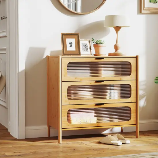 Natural Wicker 3-Drawer Cabinet with Tempered Glass Fronts and Soft-Close Drawers {5}