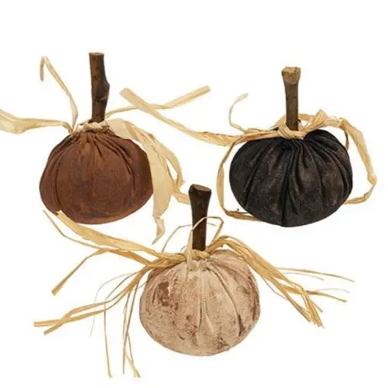 Fabric Stuffed Pumpkins with Wooden Stems and Raffia Bows 3 Asstd. {1}