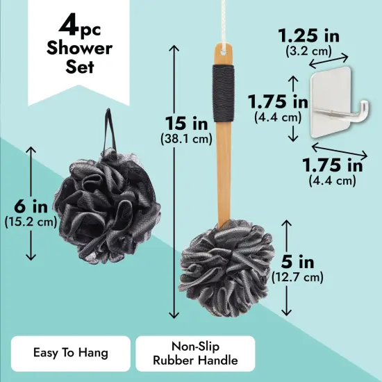 Loofah Bath Set with 1 Loofah on A Stick, 2 Sponge Poufs, and 1 Shower Hook Black {5}